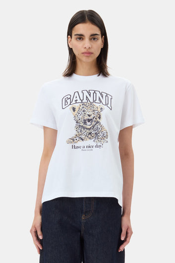 GANNI T4124 Basic Jersey Leopard Relaxed T Shirt