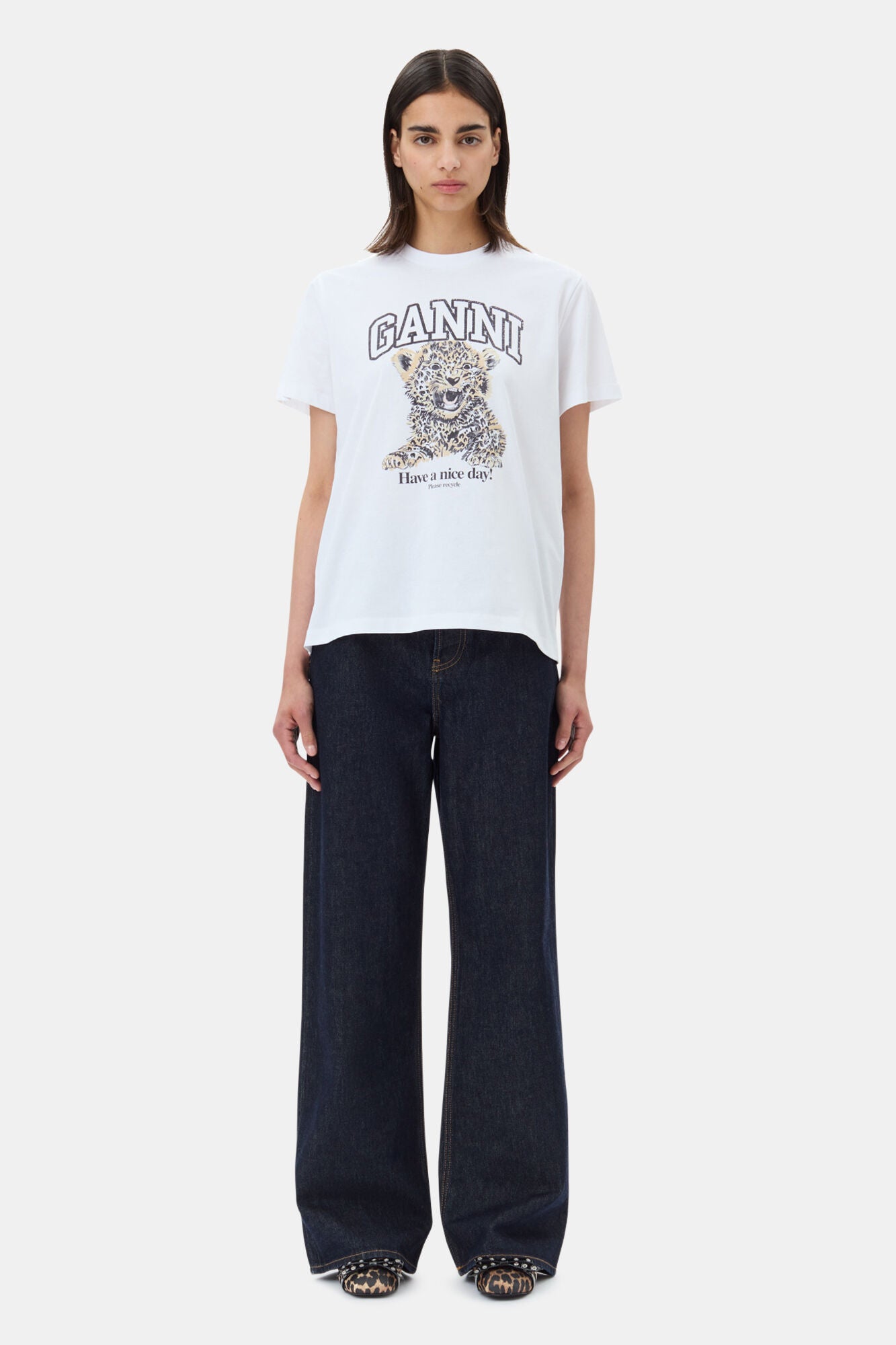 GANNI T4124 Basic Jersey Leopard Relaxed T Shirt