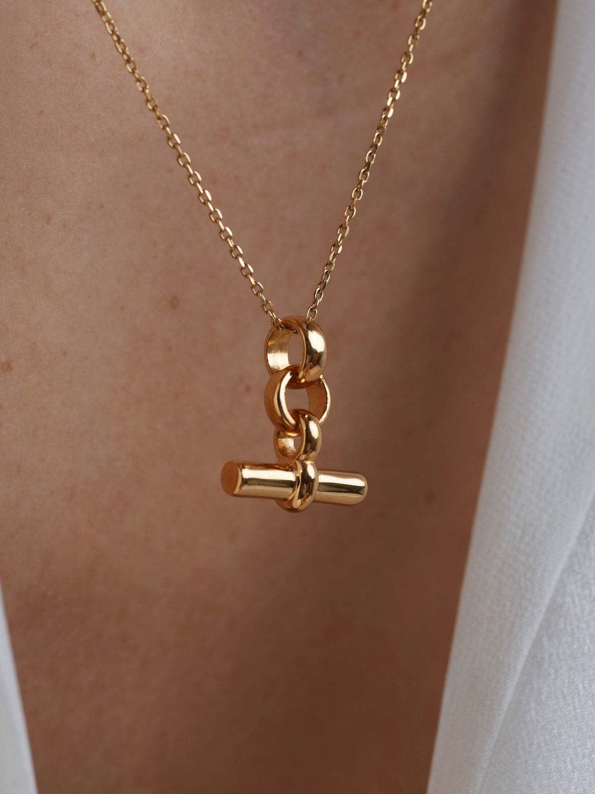 TS Mini Gold T Bar Necklace on Trace Chain