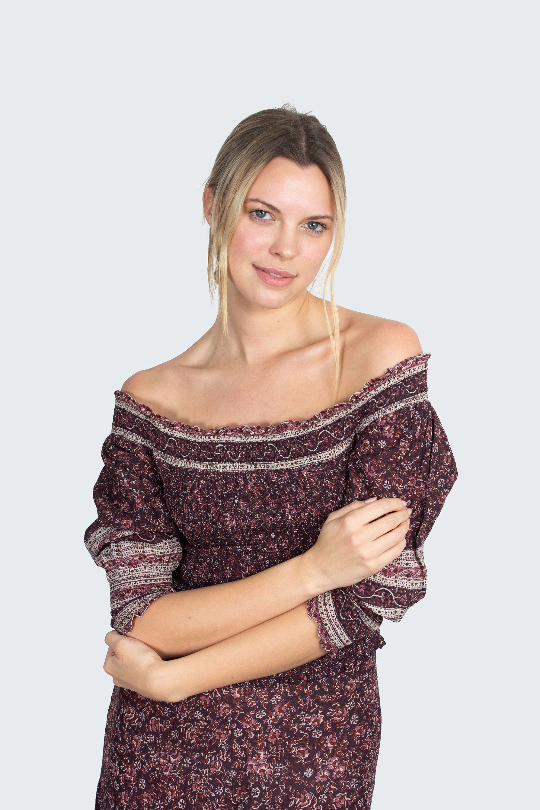 Veronica Beard Rosalinda off-the-shoulder plum top