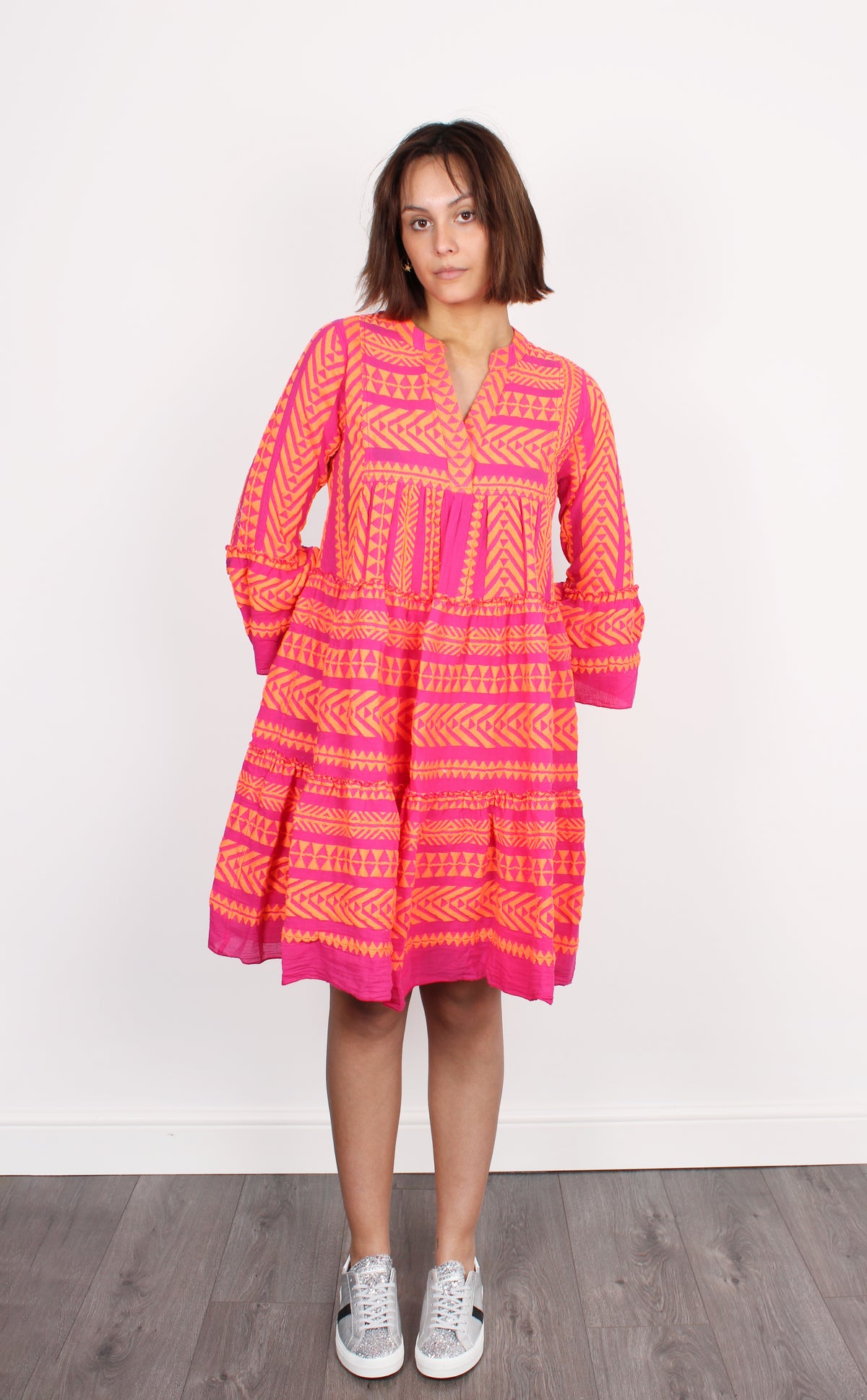 Ella Midi Dress 701 in Neon Orange and Fucshia