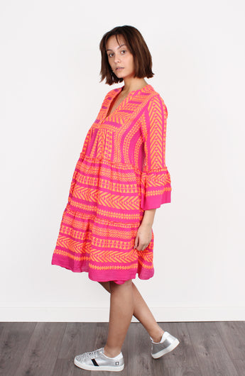 Ella Midi Dress 701 in Neon Orange and Fucshia