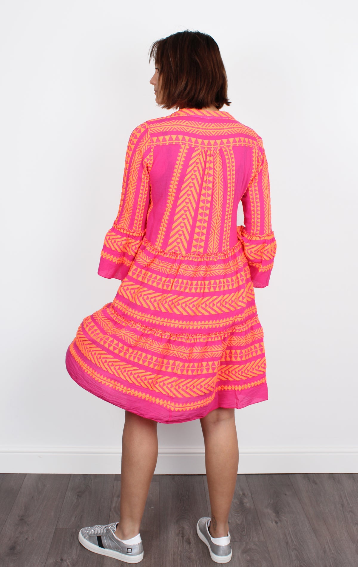 Ella Midi Dress 701 in Neon Orange and Fucshia