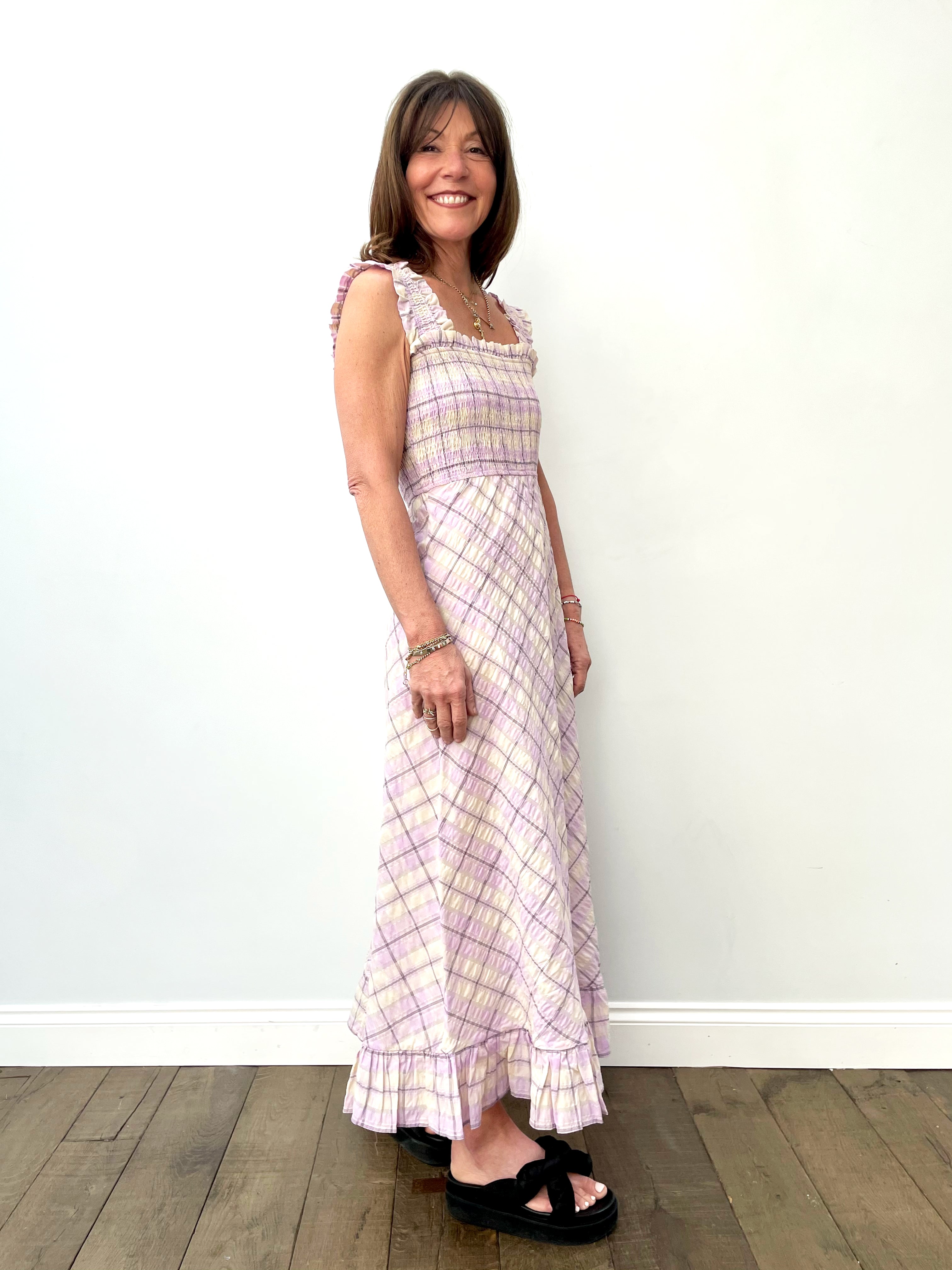 GANNI F5929 Seersucker Check Dress in Orchid Bloom