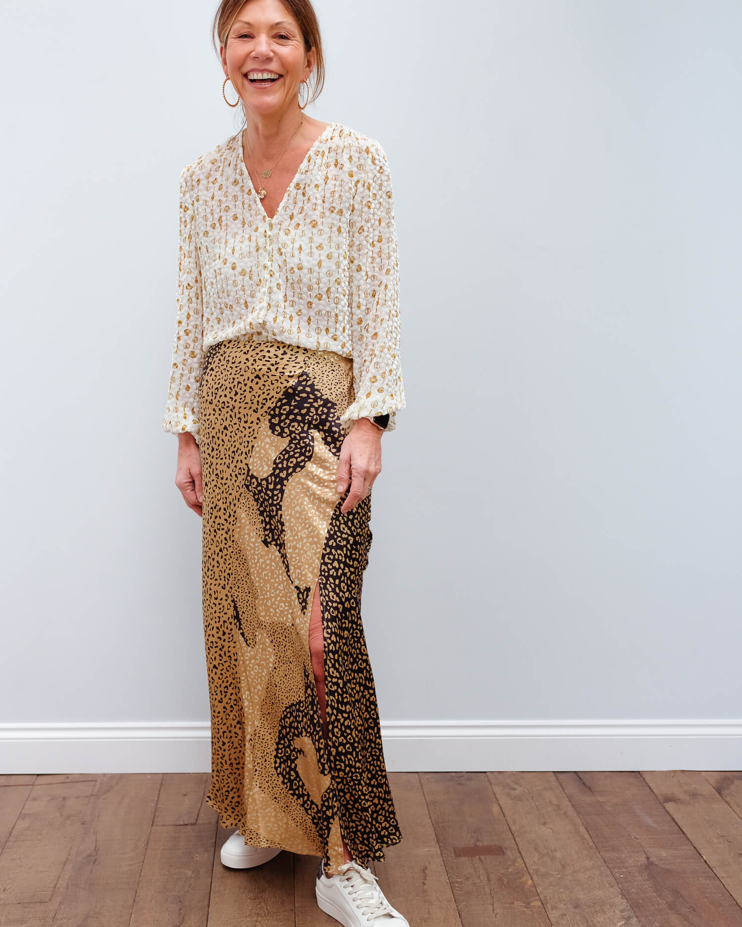 RIXO Parker skirt in gold patchwork leopard