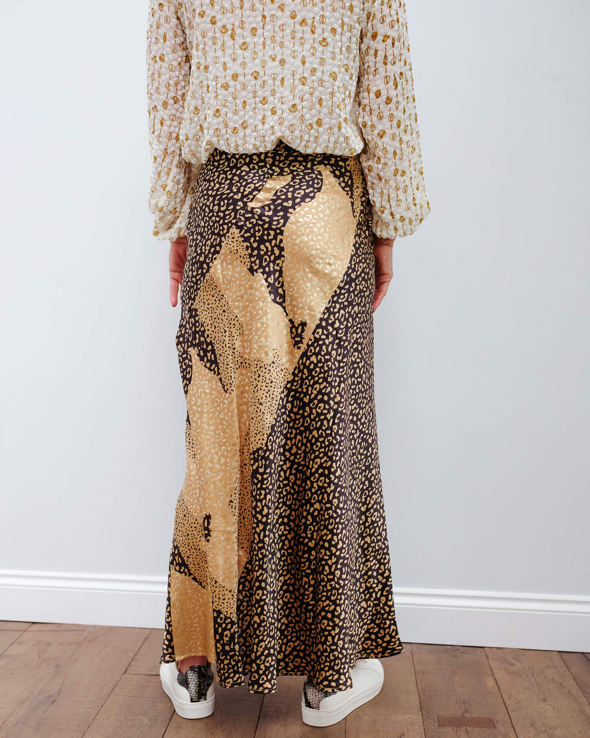 RIXO Parker skirt in gold patchwork leopard