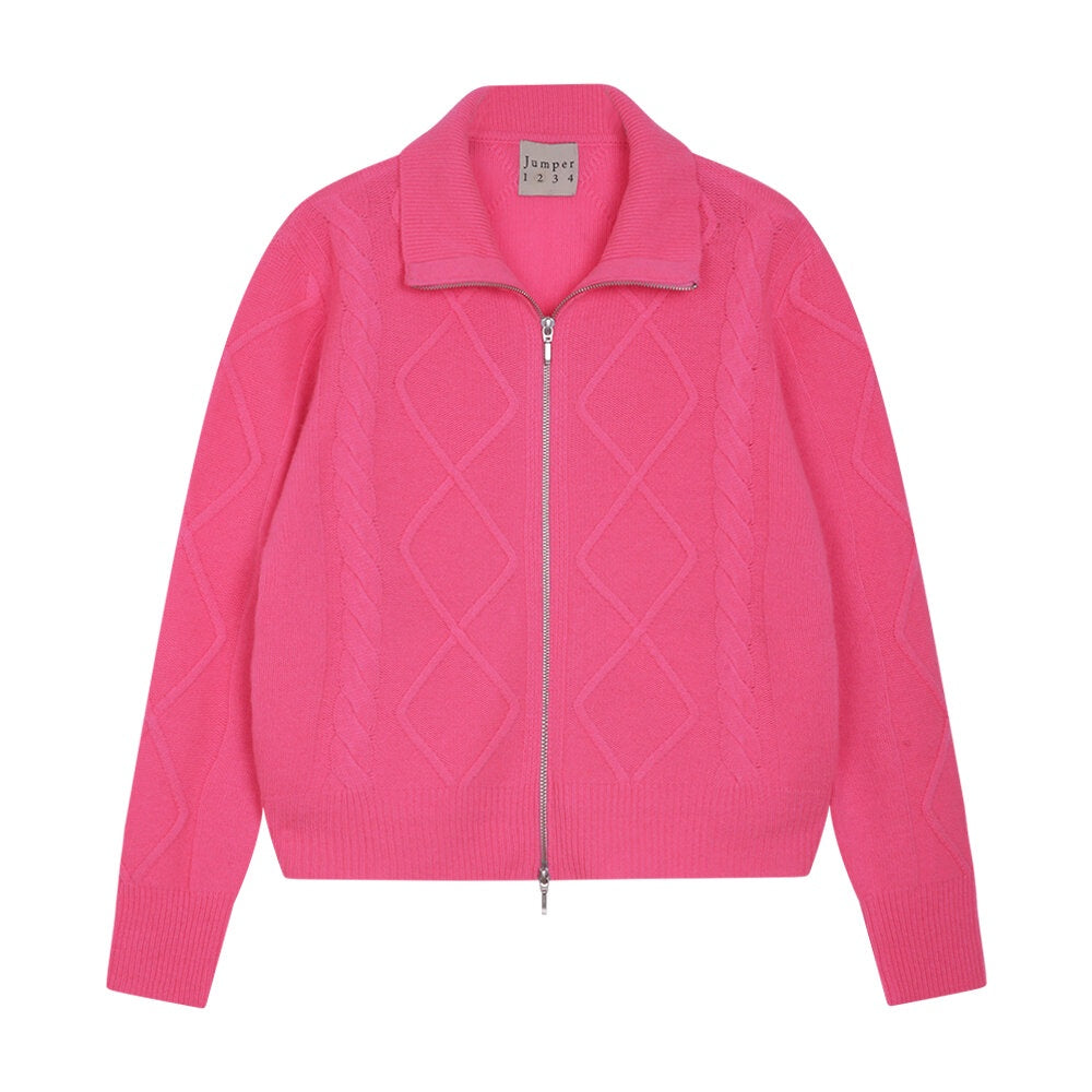 JU Aran Zip Up Knit in Neon Pink