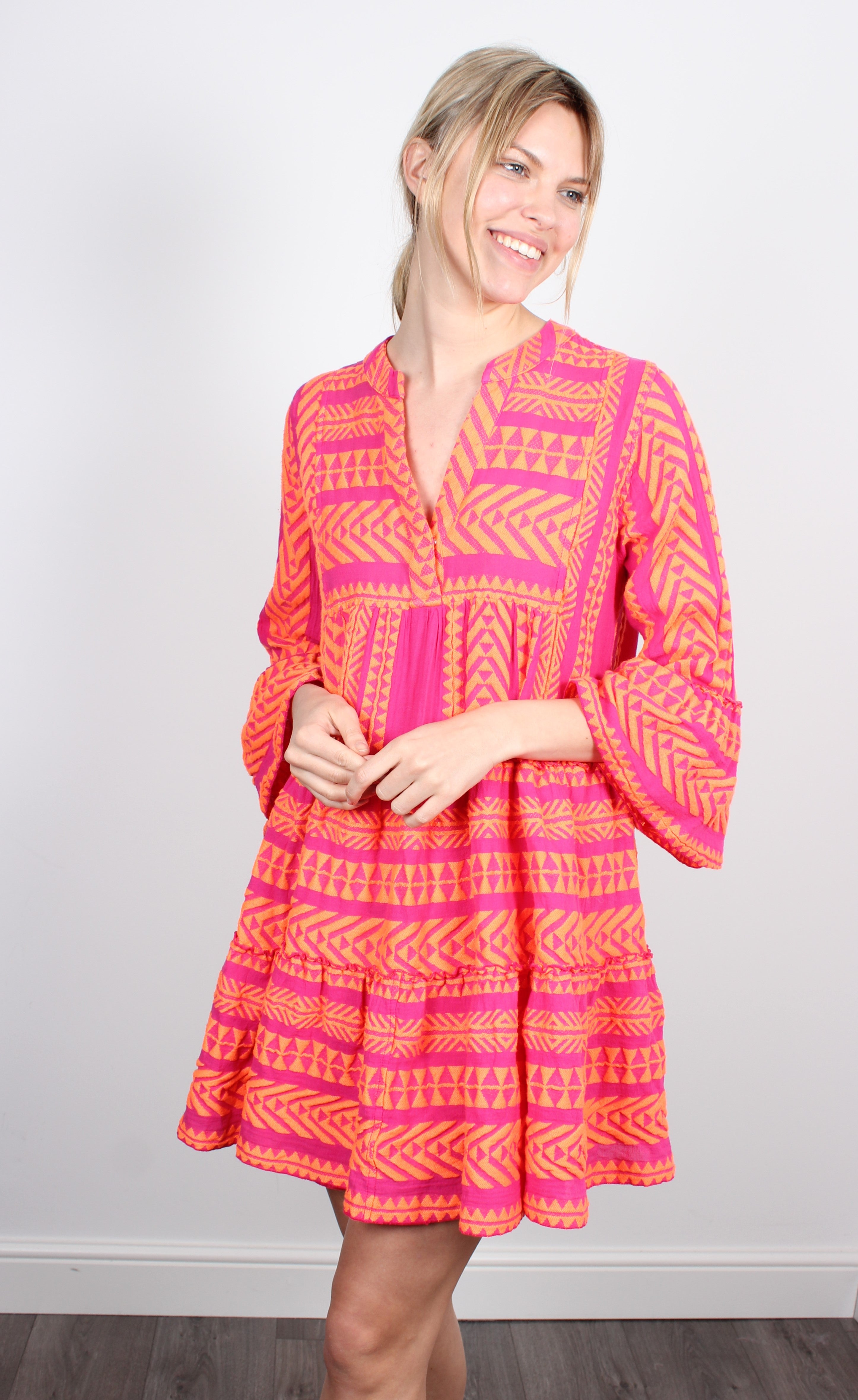 Ella Dress 193 in Neon Orange and Fushia