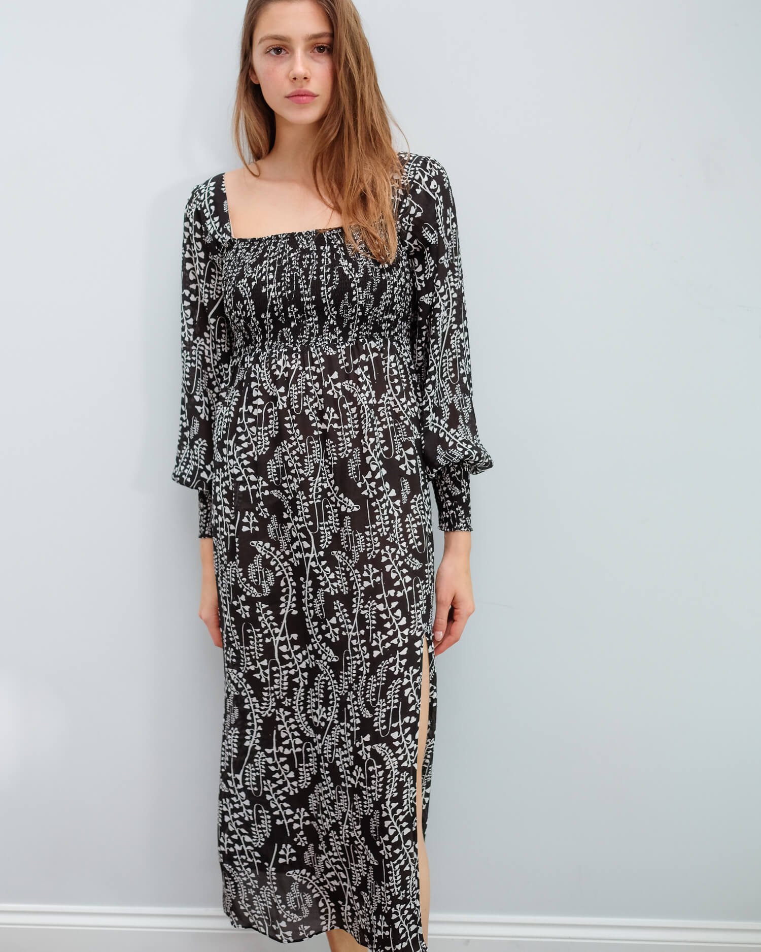 RIXO Marie dress in tree roots black cream