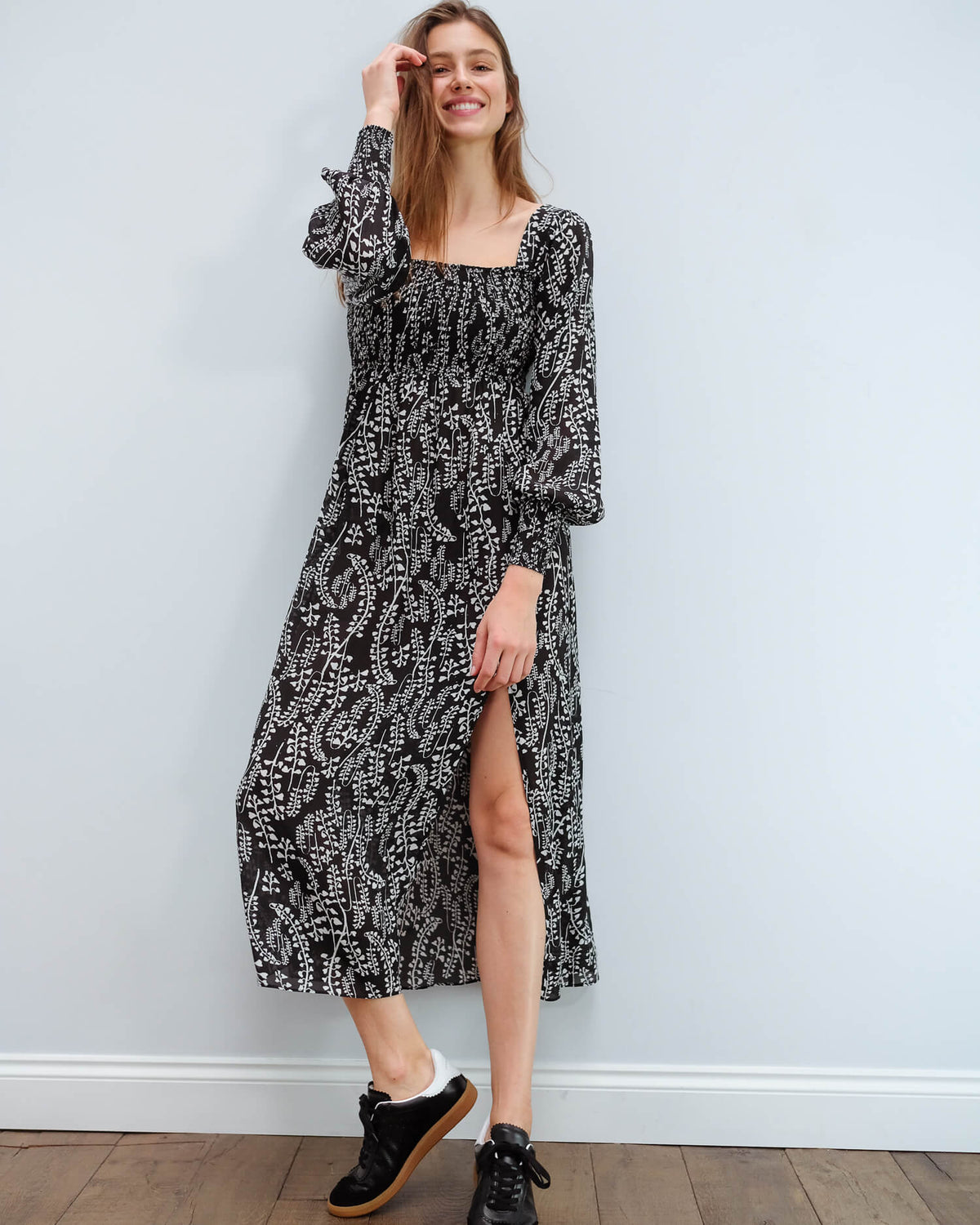 RIXO Marie dress in tree roots black cream