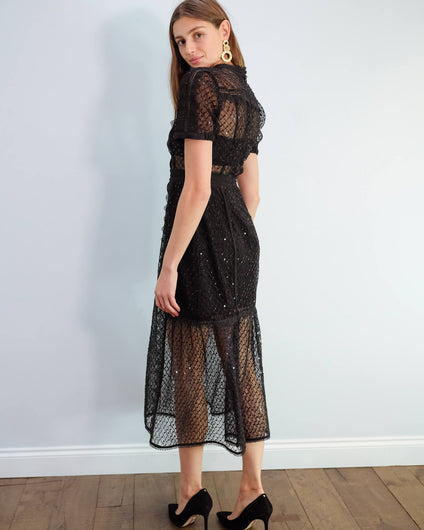 SP Sequin mesh puff sleeve midi dress in black