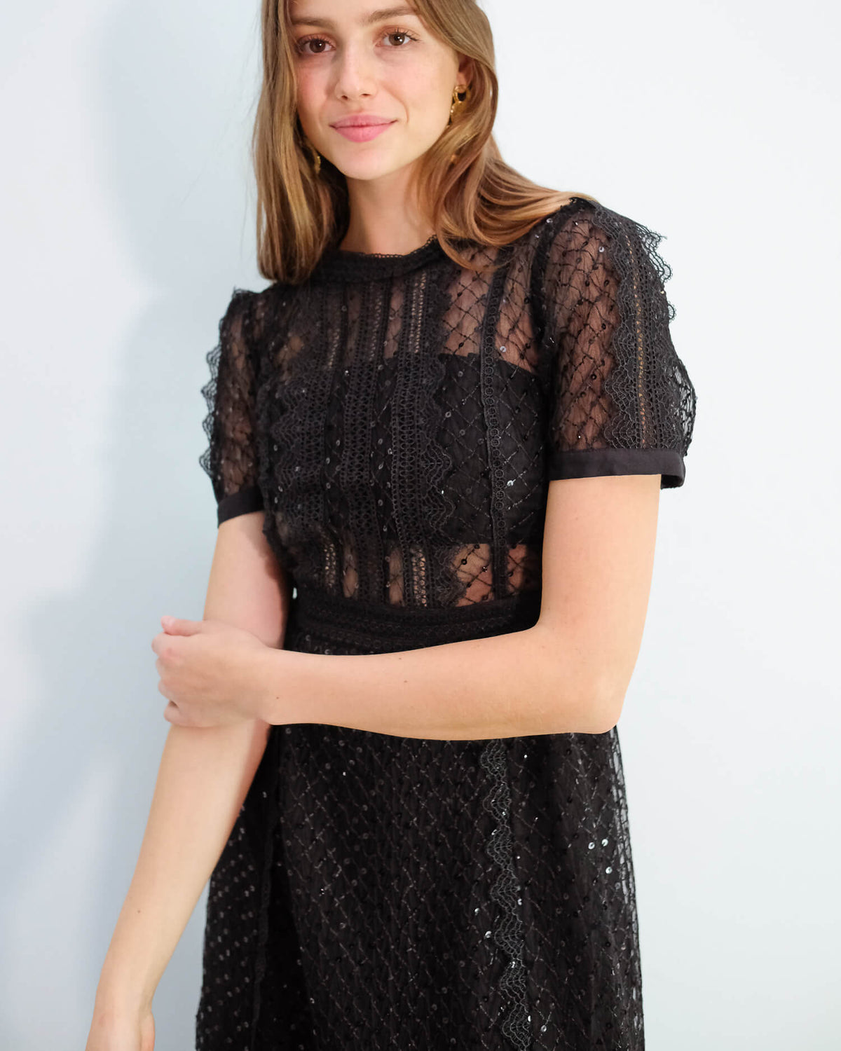 SP Sequin mesh puff sleeve midi dress in black