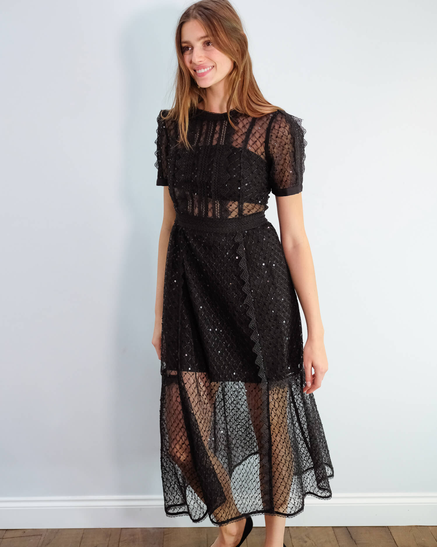 SP Sequin mesh puff sleeve midi dress in black