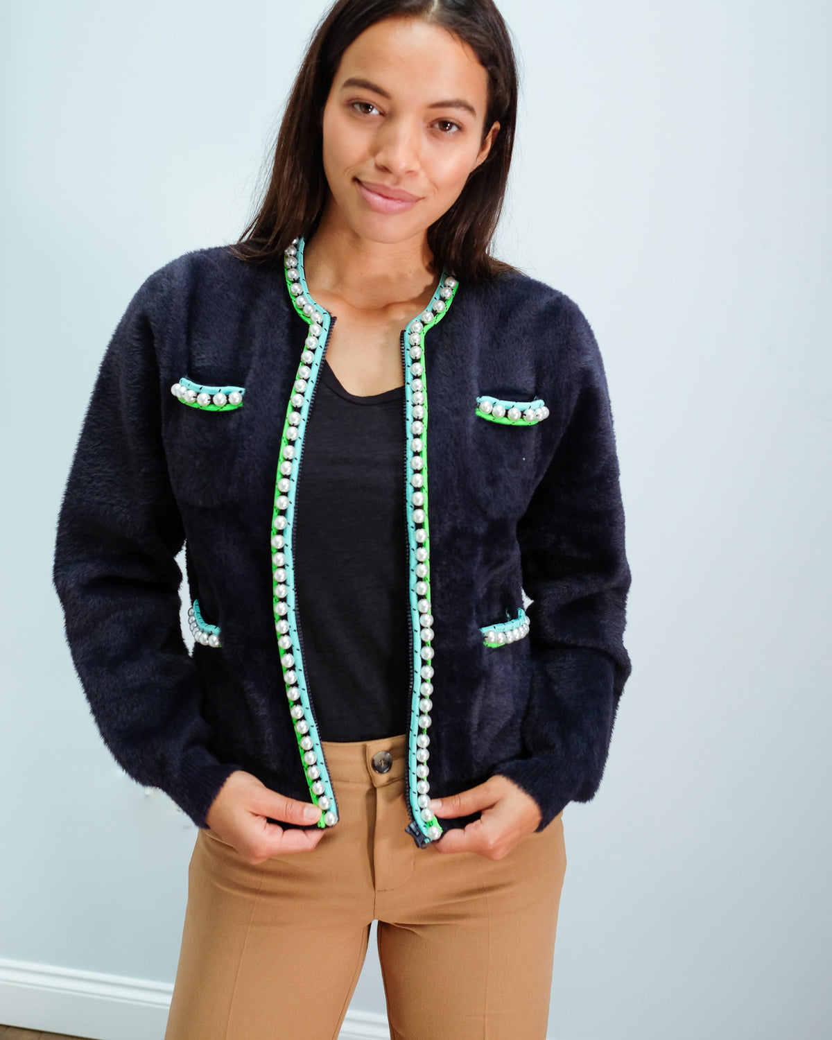 EA Wiri Knit Pearls Cardi in Royal Navy