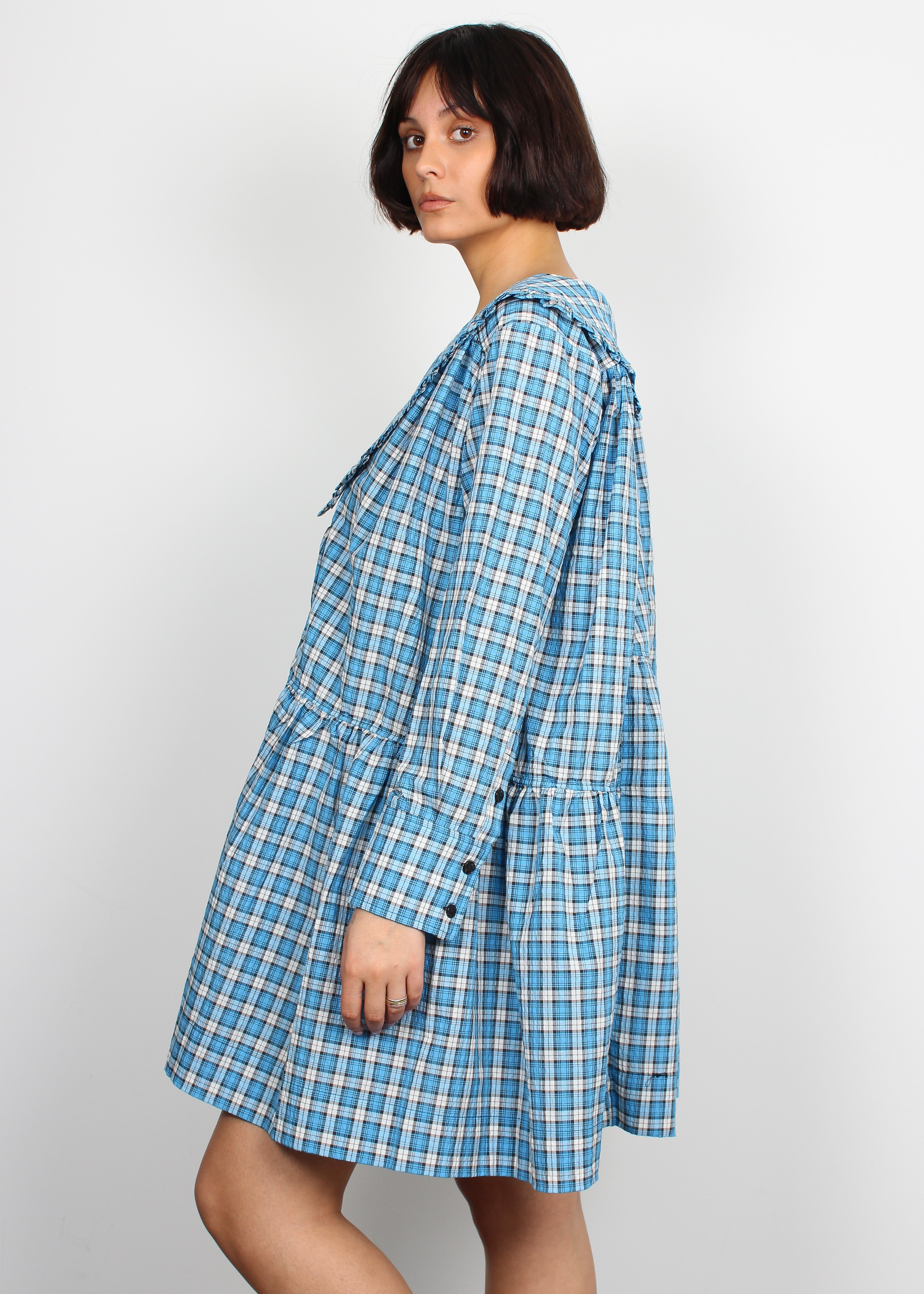 Ganni checked azure blue cotton-blend shirt dress