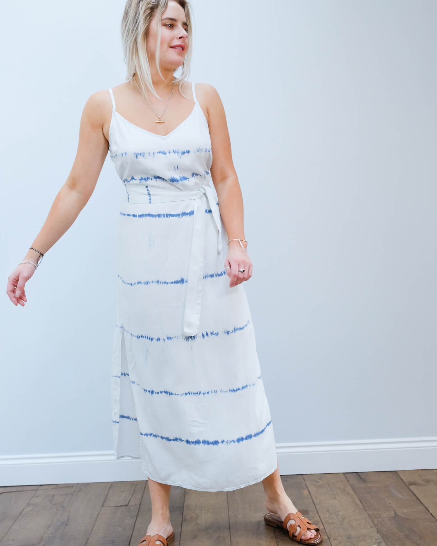 BD 6422 Smocked waist maxi dress in indigo white