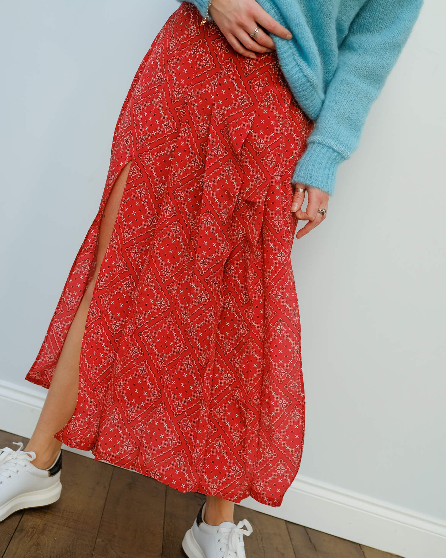 RIXO Georgia skirt in red square paisley