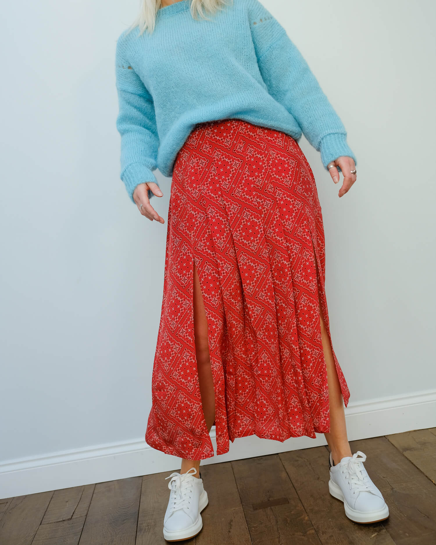 RIXO Georgia skirt in red square paisley