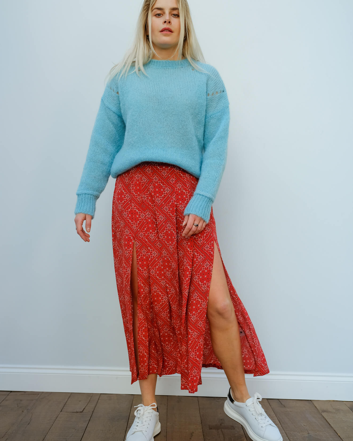 RIXO Georgia skirt in red square paisley