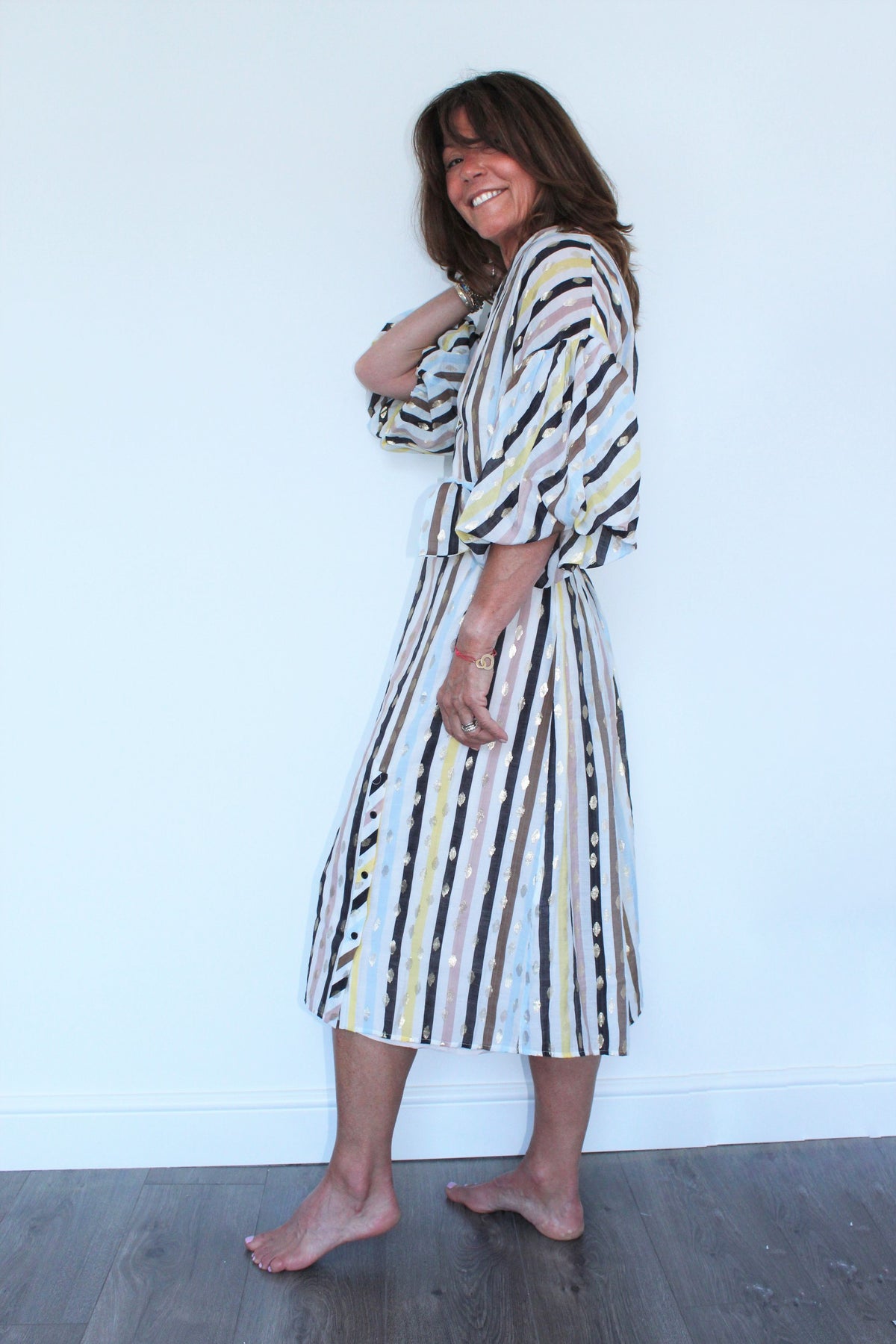 M Palmetto Stripe Dress in White