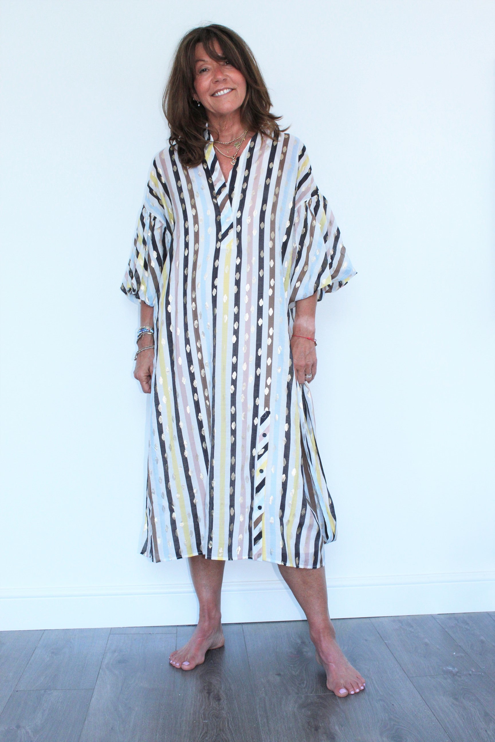 M Palmetto Stripe Dress in White