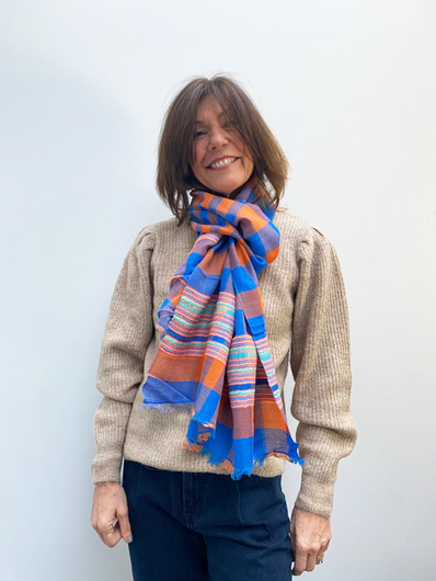 ANNA Himalaya Scarf in Orange, Blue Check