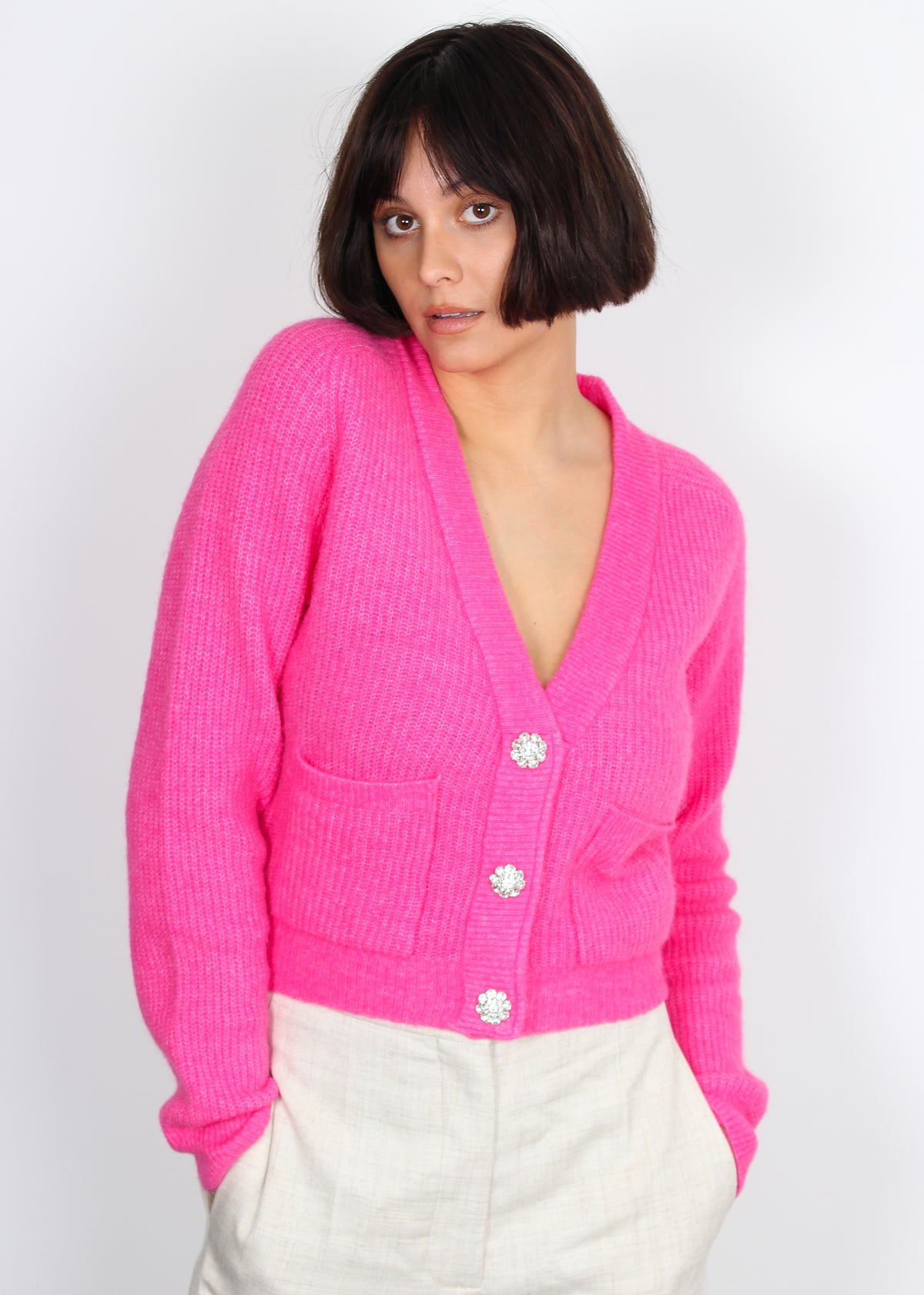 Ganni shocking pink wool cardigan