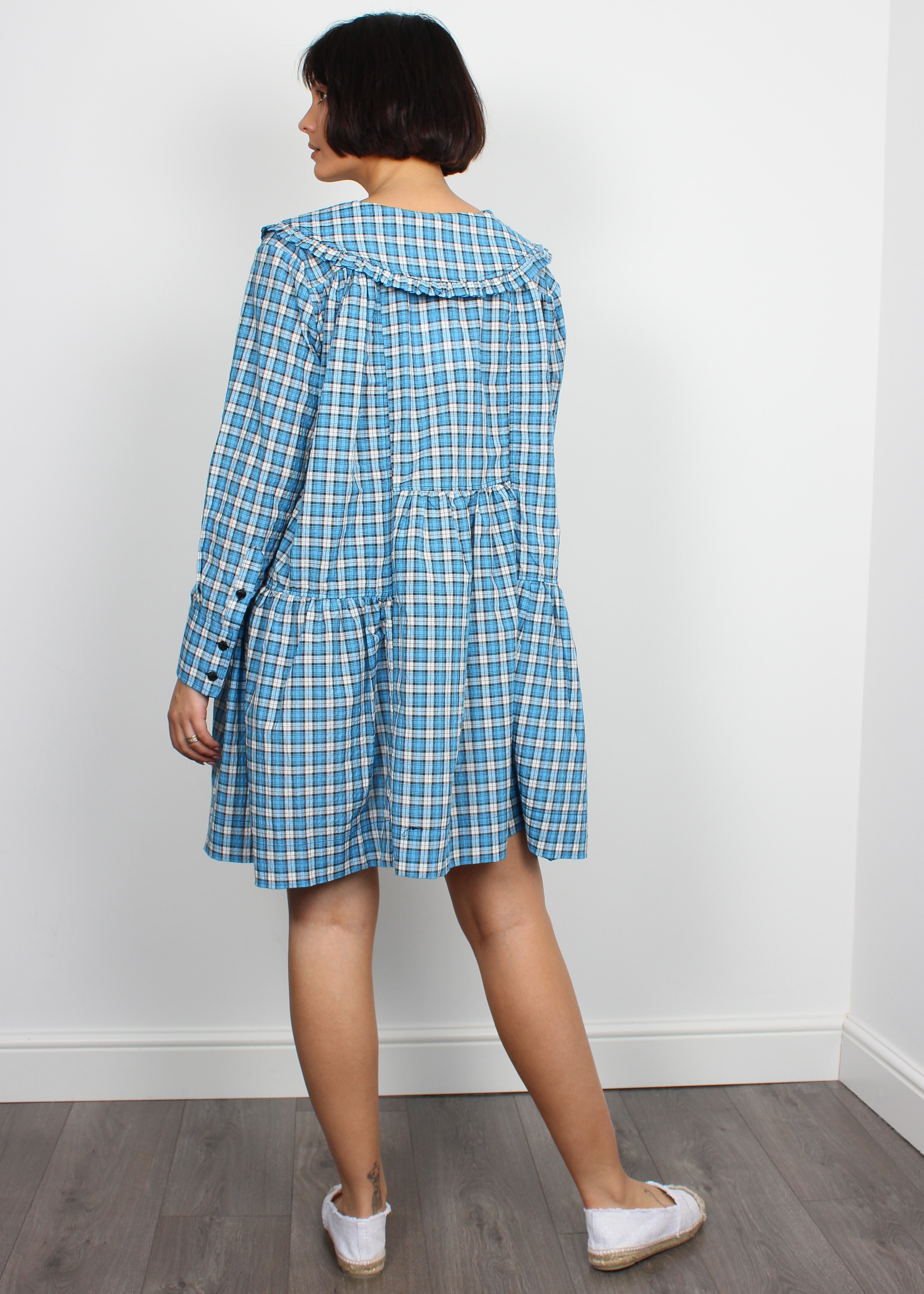 Ganni checked azure blue cotton-blend shirt dress