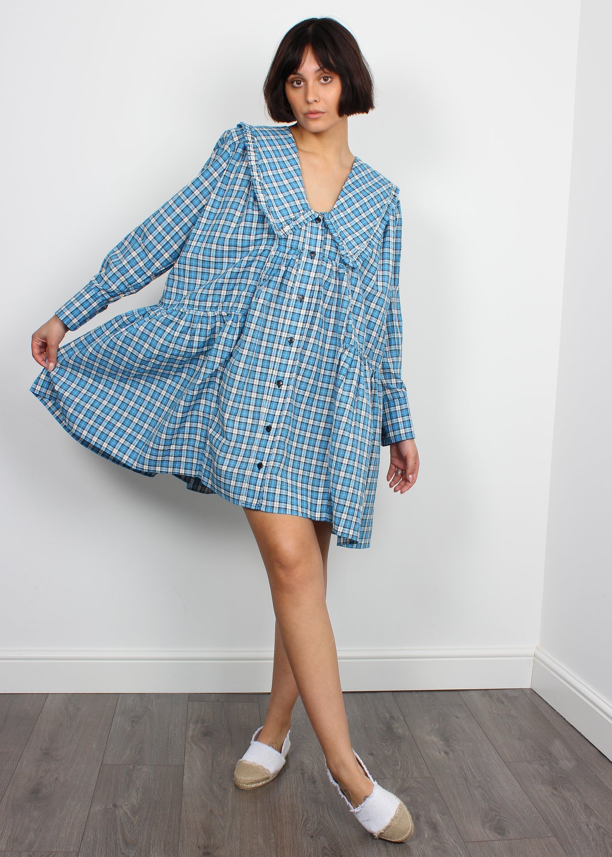 Ganni checked azure blue cotton-blend shirt dress