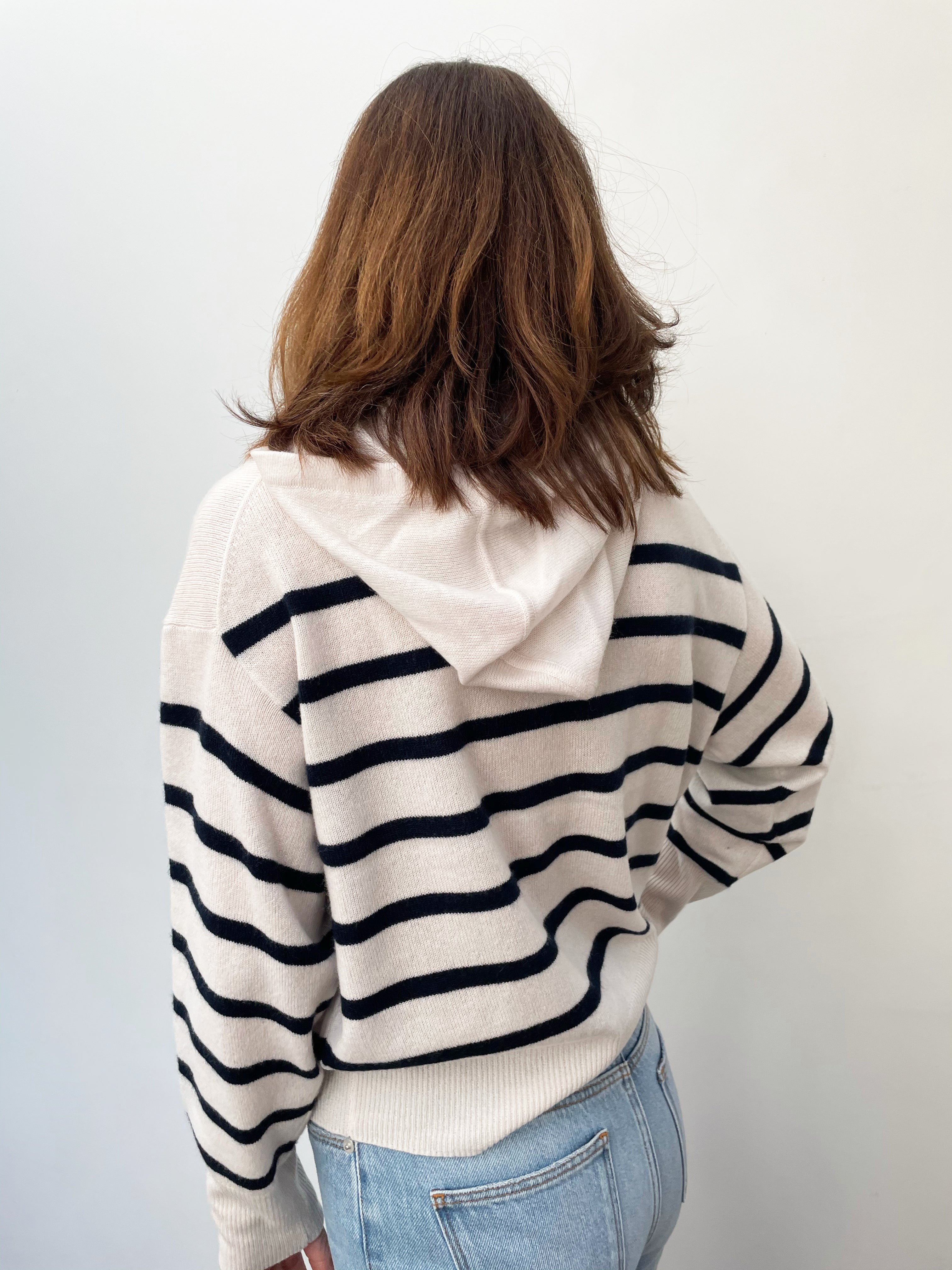 360 Geninne Striped Knit Hoodie in Alabaster, Navy