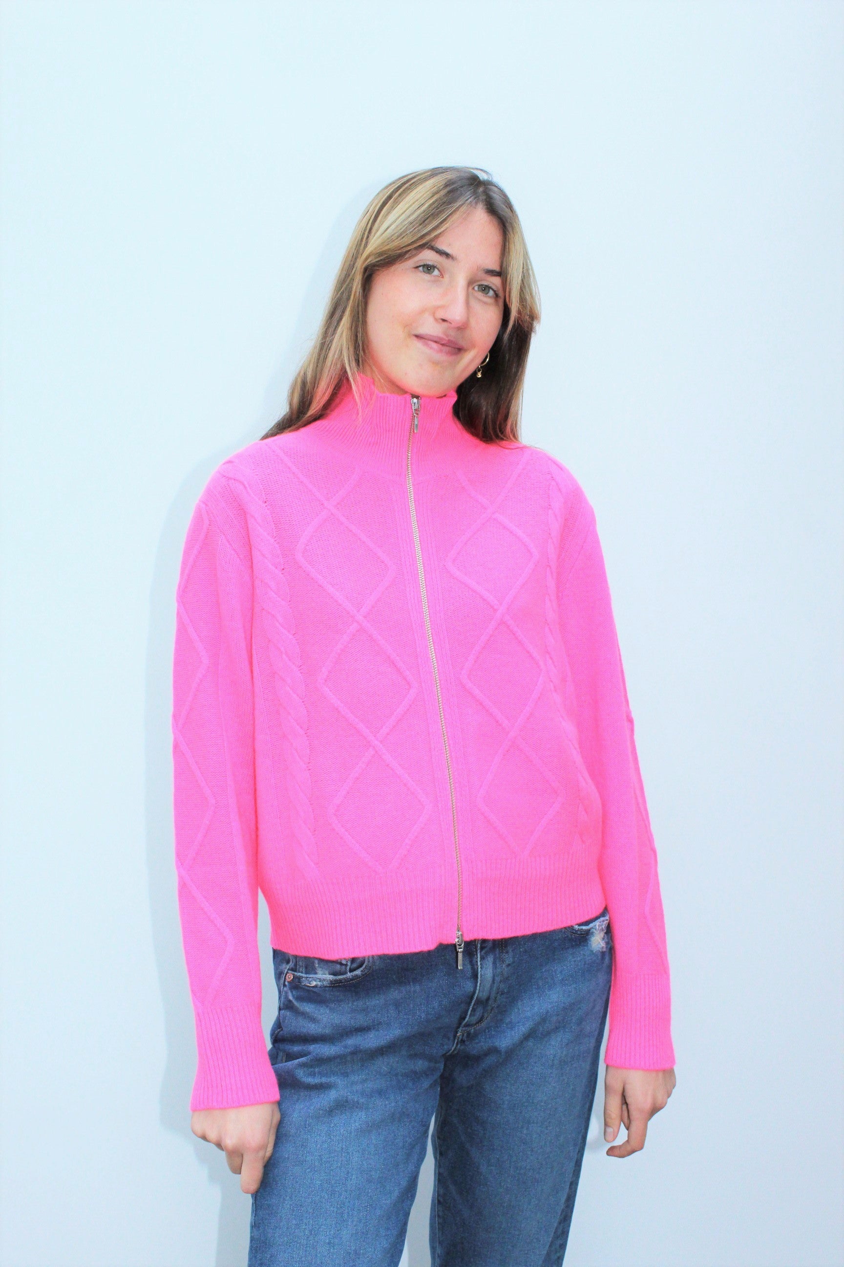 JU Aran Zip Up Knit in Neon Pink