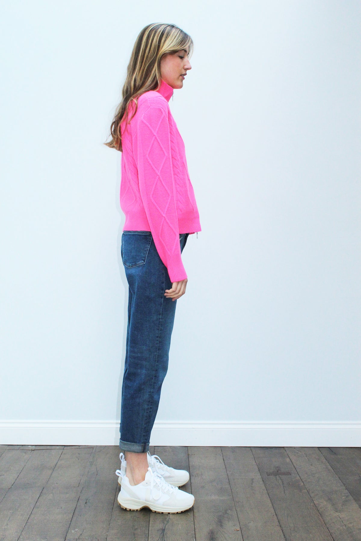 JU Aran Zip Up Knit in Neon Pink