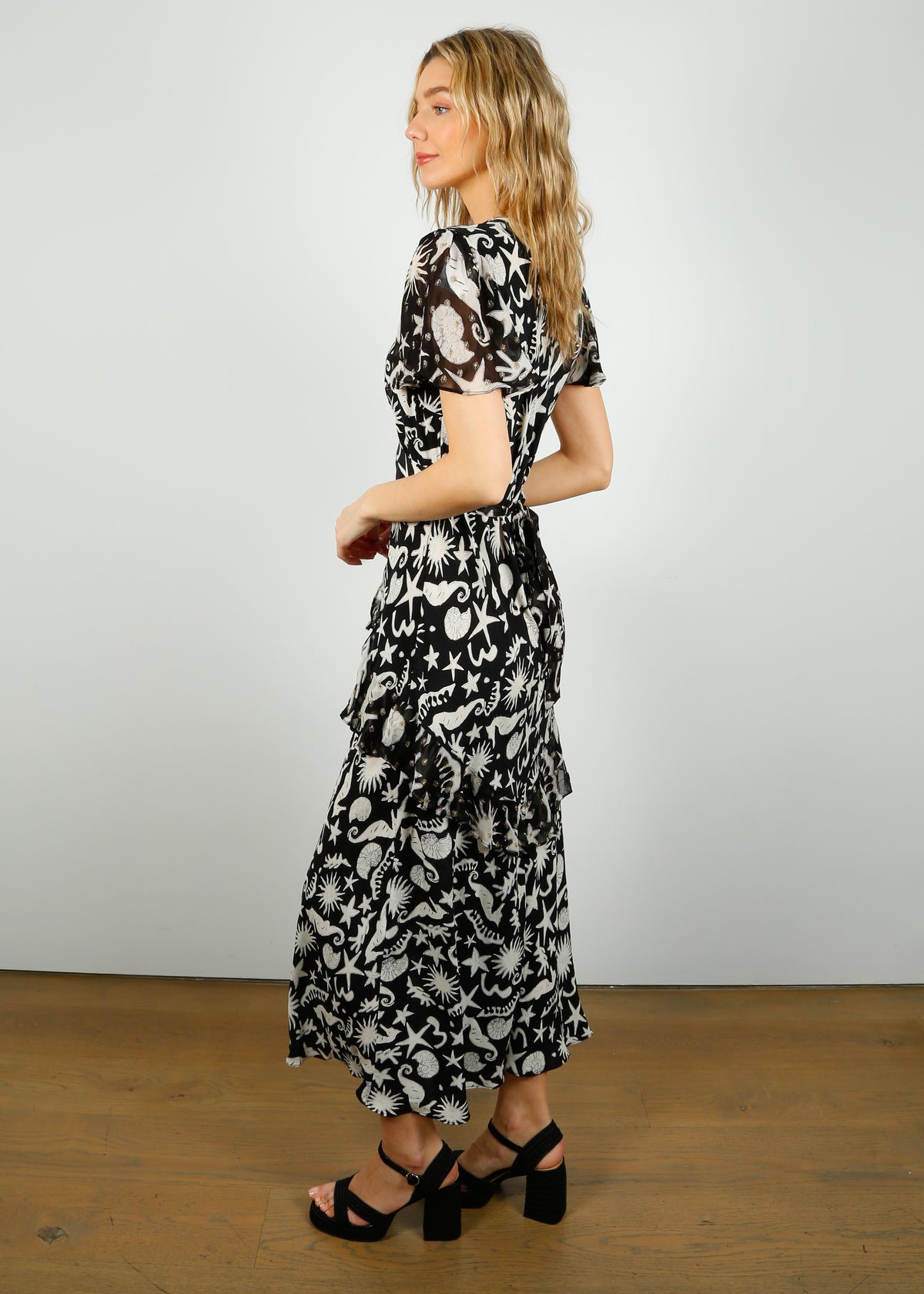 RIXO Evie Dress in Abstract Ocean Black