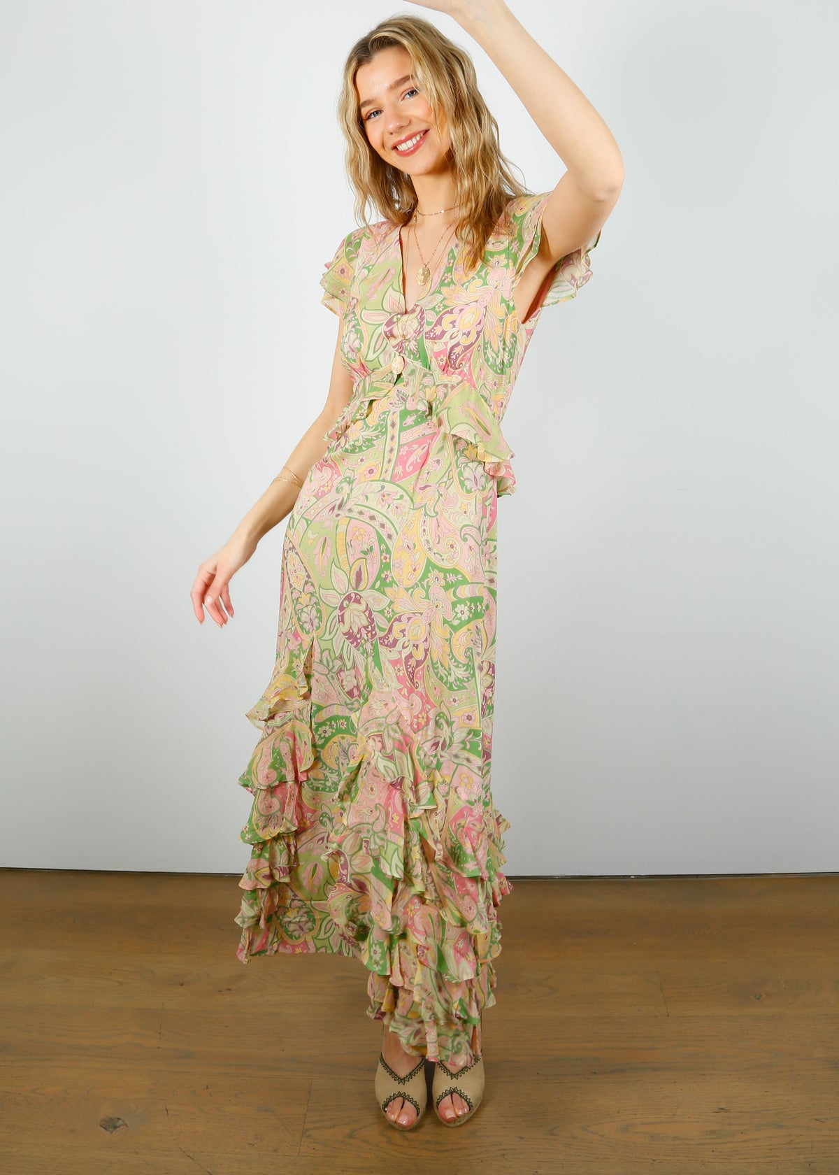 RIXO Thanvi Dress in Grace Paisley Green