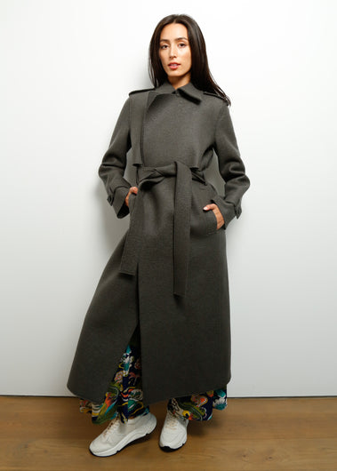 HW Pressed Wool Long Trench in Ebony Grey