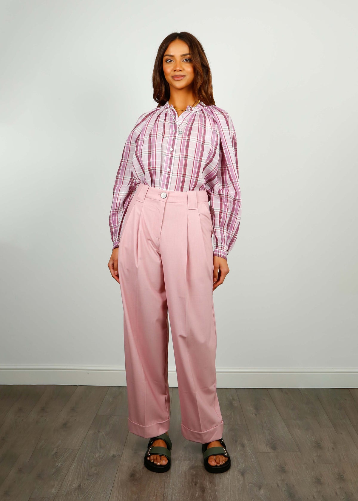 GANNI F7753 Drapey Loose Pleat Pants in Pink Tuelle