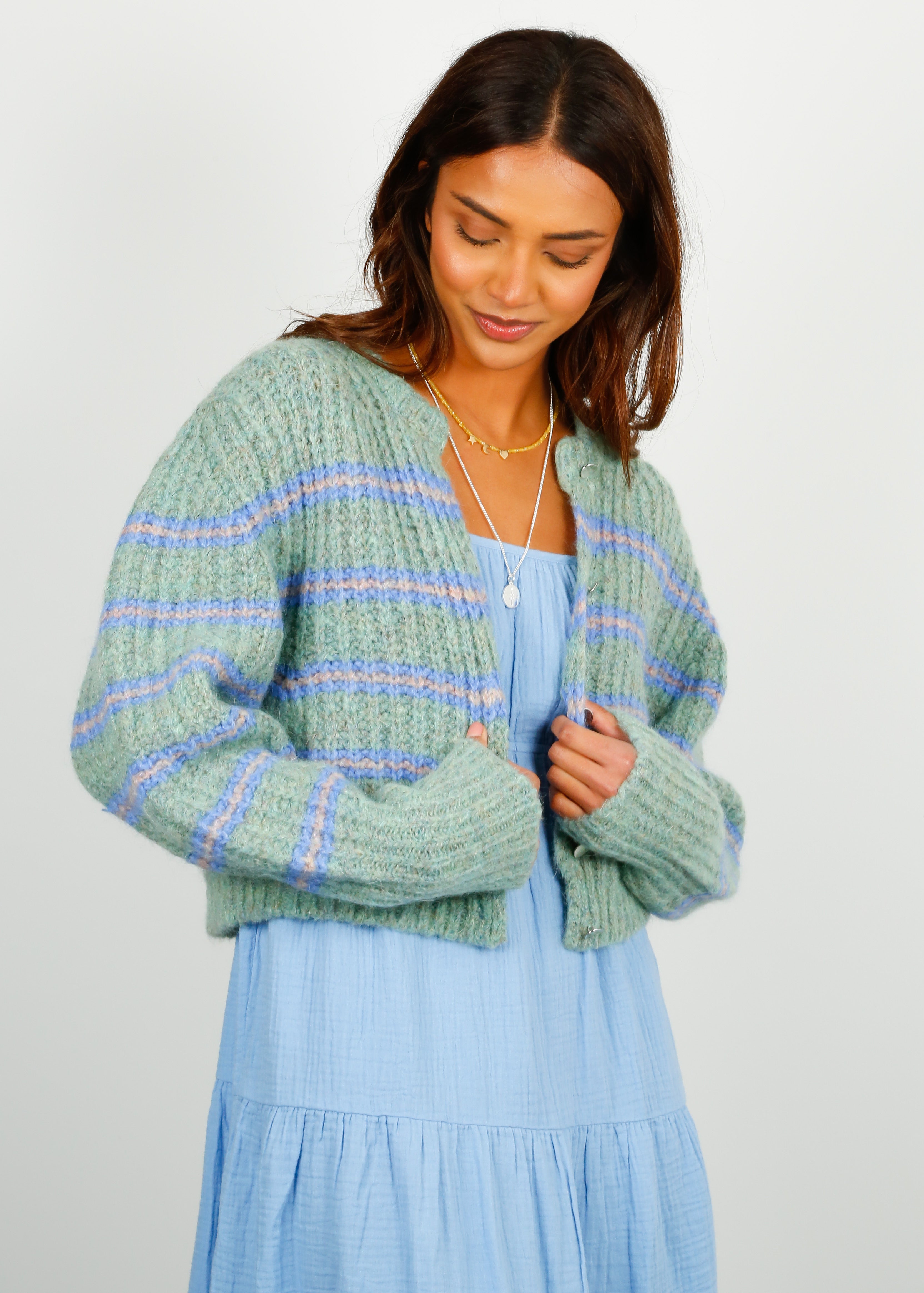 RA Bobby Striped Knit Cardi in Green