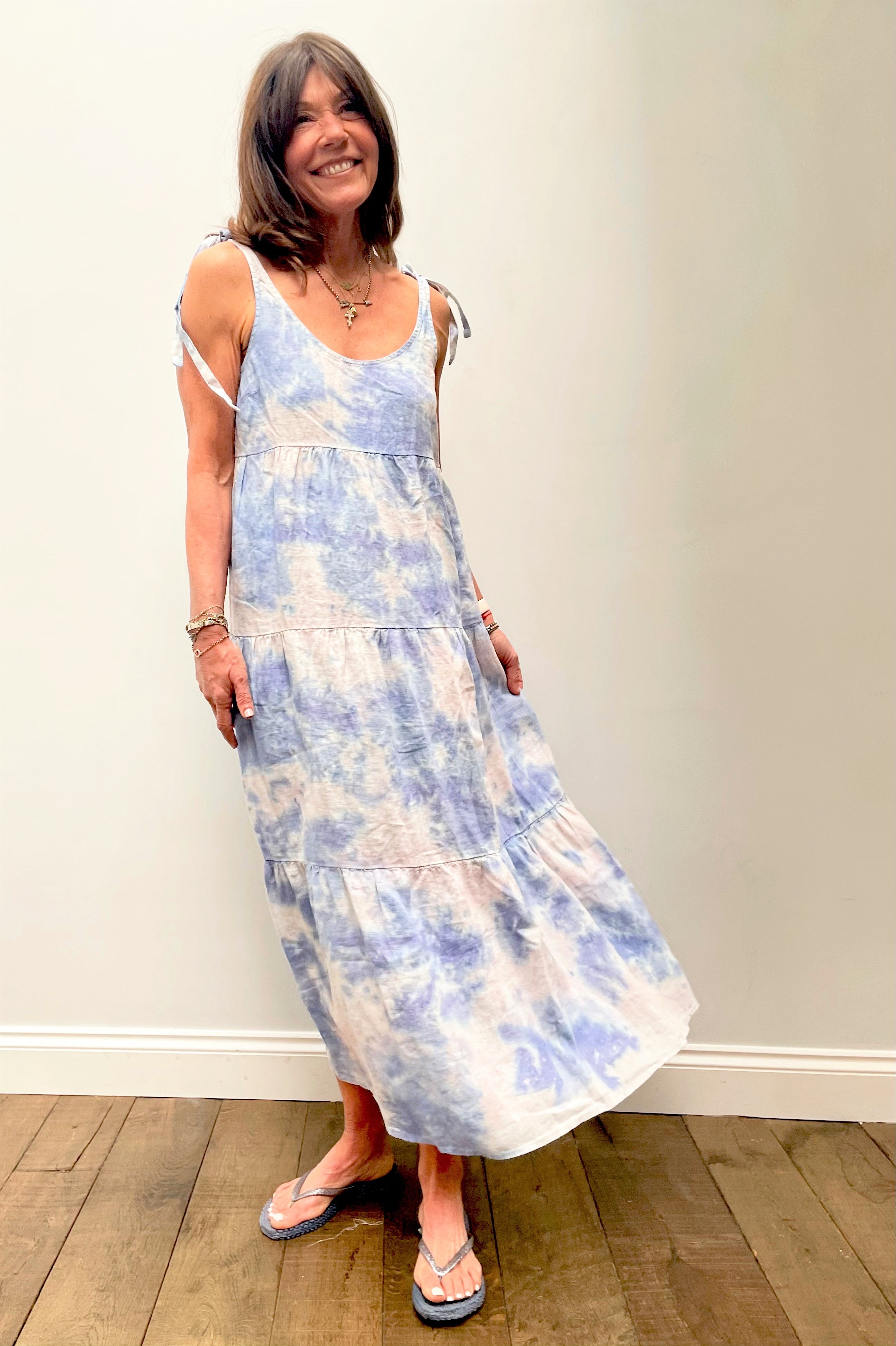 BD Tie Shoulder Maxi Tier Dress 6190  in Galaxy Tie Dye