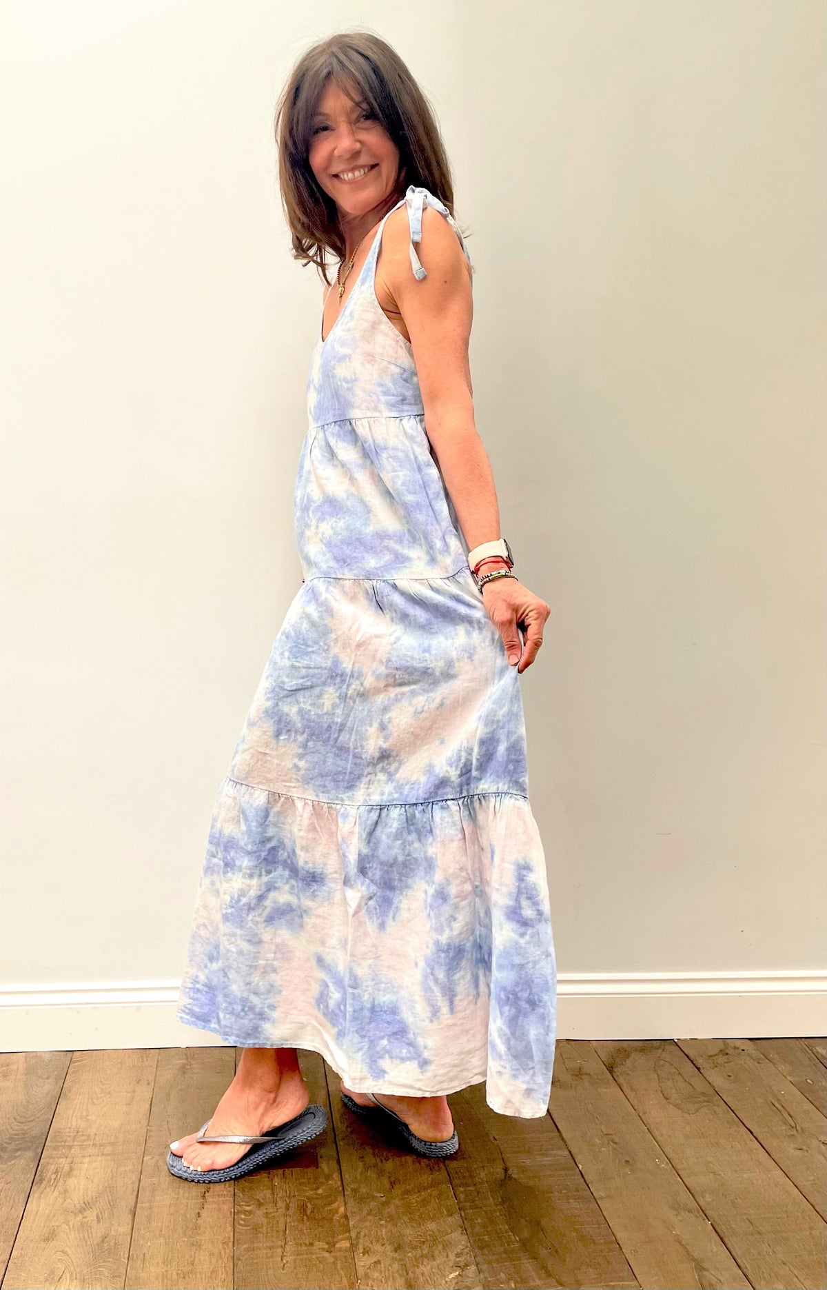 BD Tie Shoulder Maxi Tier Dress 6190  in Galaxy Tie Dye