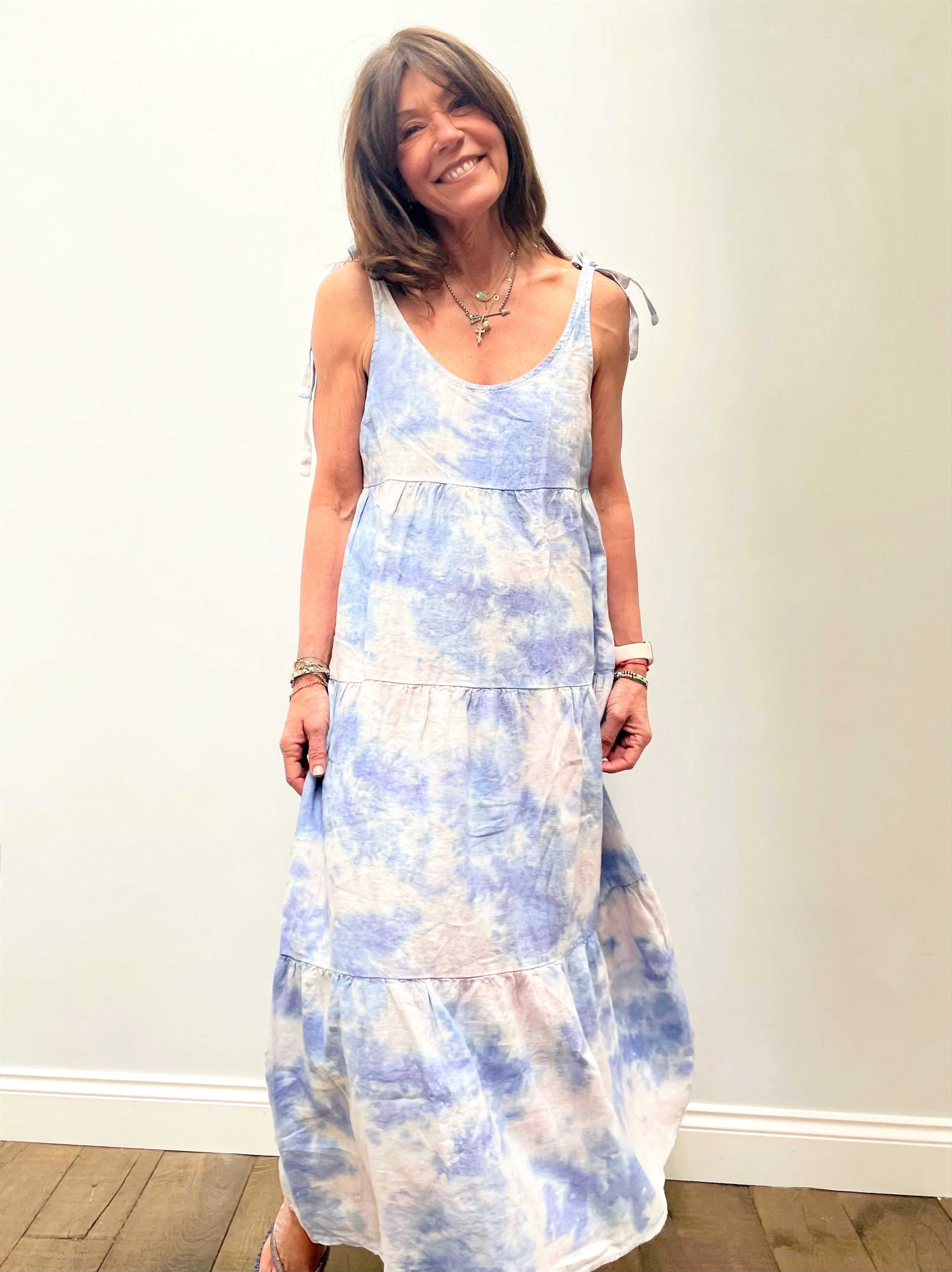 BD Tie Shoulder Maxi Tier Dress 6190  in Galaxy Tie Dye